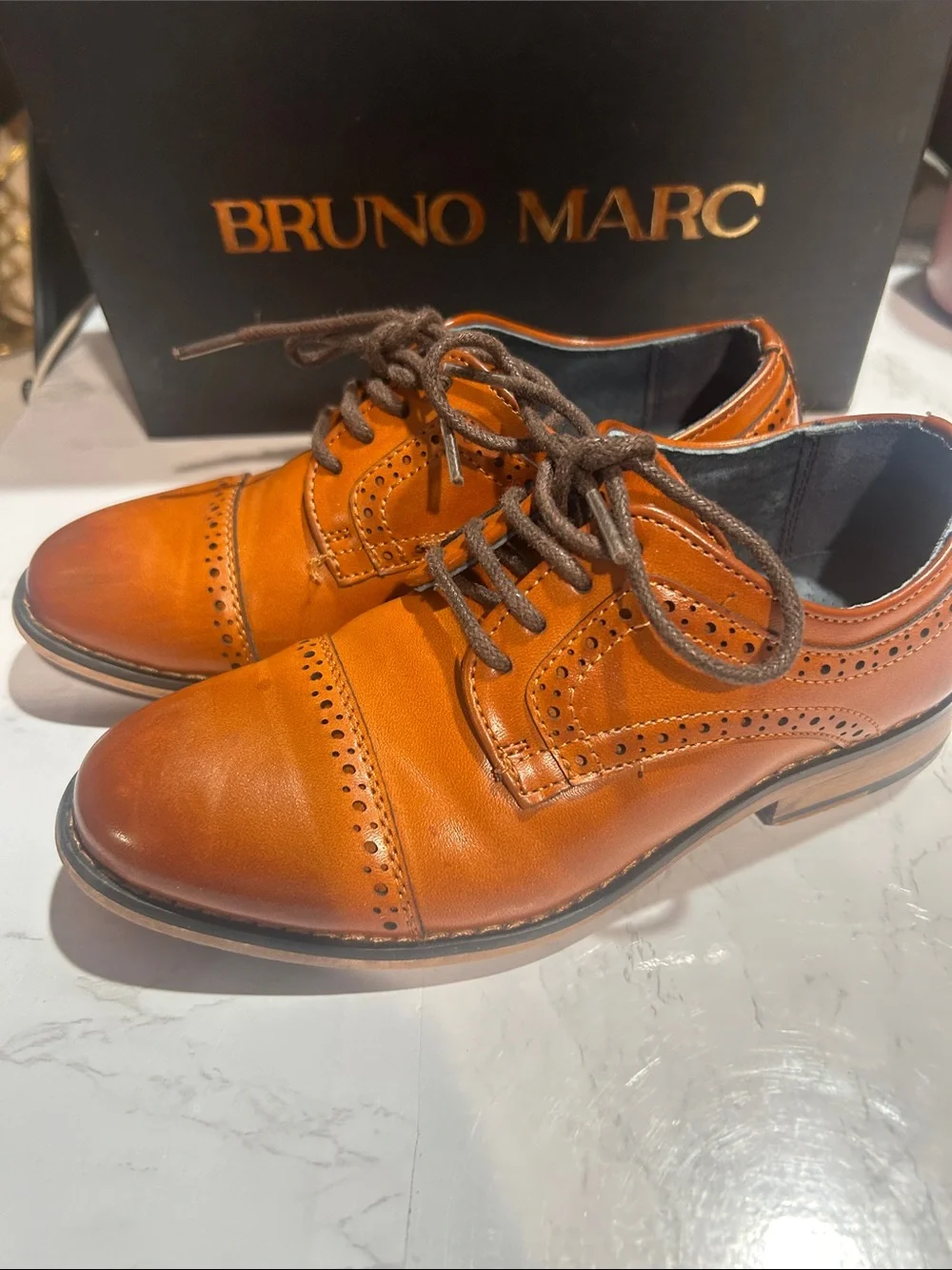 Bruno Marc Kids Tan Leather Wingtip Oxfords